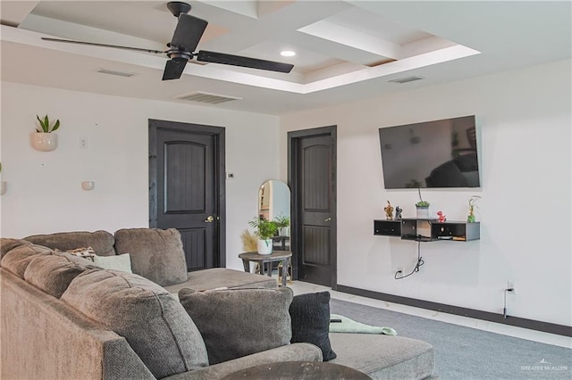 carpeted living room featuring ceiling fan, coffered ceiling, and beam ceiling