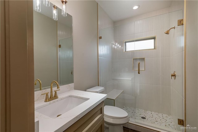 bathroom with vanity, toilet, and a shower with shower door