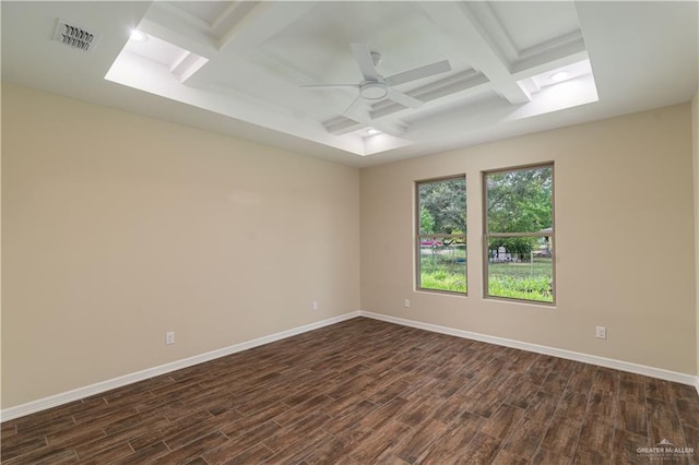 empty room with beam ceiling, ceiling fan, coffered ceiling, and dark hardwood / wood-style floors