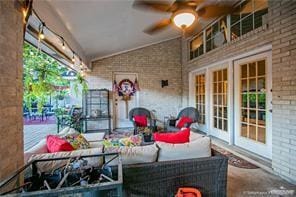 view of patio with outdoor lounge area, ceiling fan, and french doors