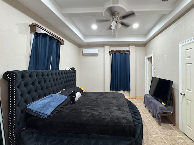 bedroom featuring light tile patterned floors and a wall unit AC