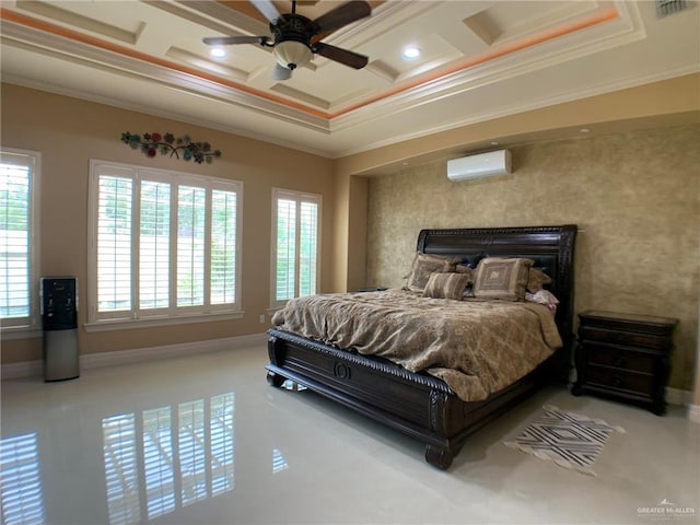 bedroom with crown molding, coffered ceiling, baseboards, an AC wall unit, and a ceiling fan