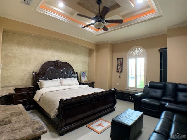 bedroom featuring recessed lighting, ceiling fan, a raised ceiling, visible vents, and ornamental molding