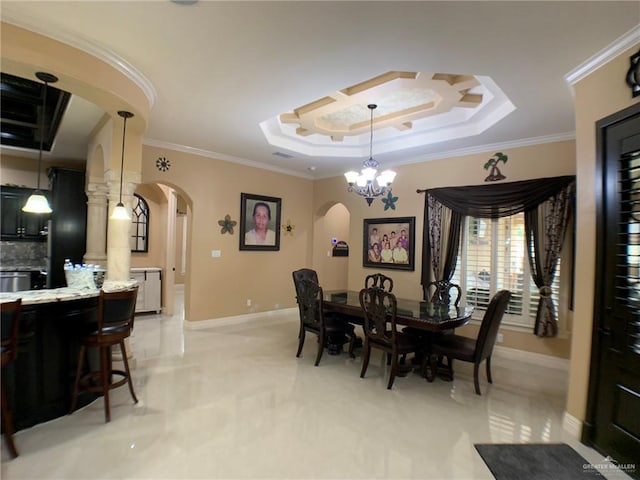 dining space featuring arched walkways, crown molding, and a raised ceiling