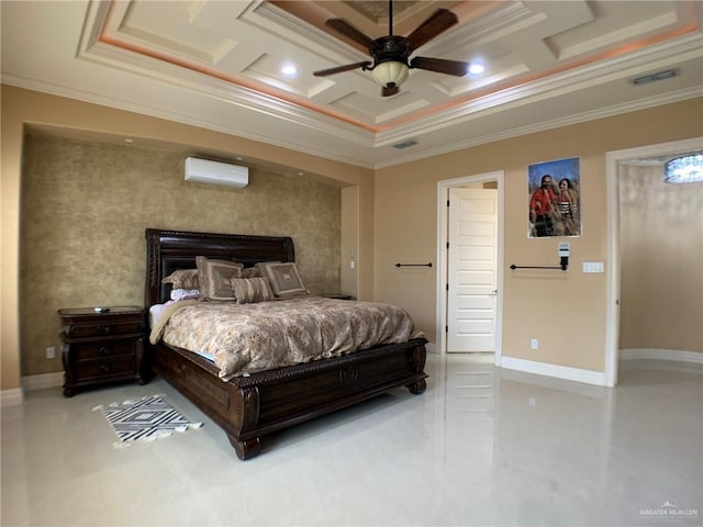 bedroom with visible vents, a wall unit AC, coffered ceiling, and ornamental molding