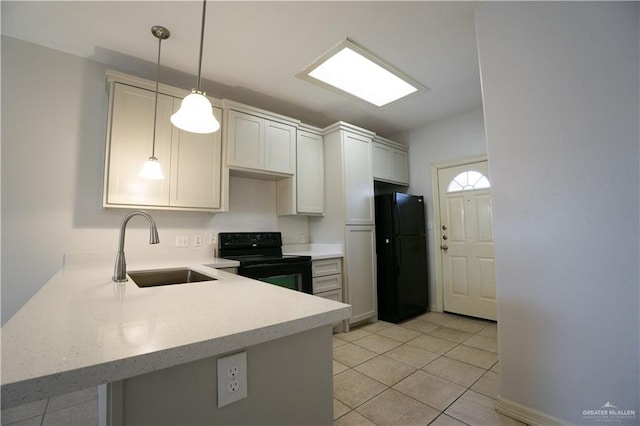 kitchen featuring sink, white cabinetry, black appliances, decorative light fixtures, and kitchen peninsula