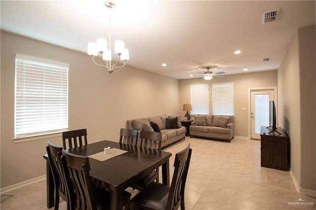 3413 Emory Ave, Mcallen, TX 78504 - dining space with recessed lighting, baseboards, a chandelier, healthy amount of natural light, and a ceiling fan