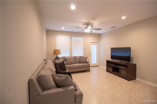 3413 Emory Ave, Mcallen, TX 78504 - living area with a ceiling fan, recessed lighting, baseboards, and light tile patterned floors
