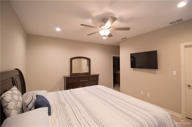 3413 Emory Ave, Mcallen, TX 78504 - bedroom featuring recessed lighting, ceiling fan, carpet, and ensuite bath