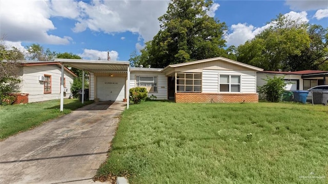 view of front facade featuring a front yard, a garage, and a carport