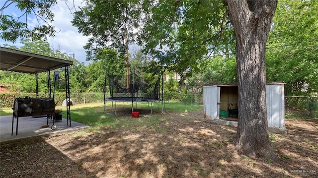 view of yard featuring a shed, a trampoline, and a patio