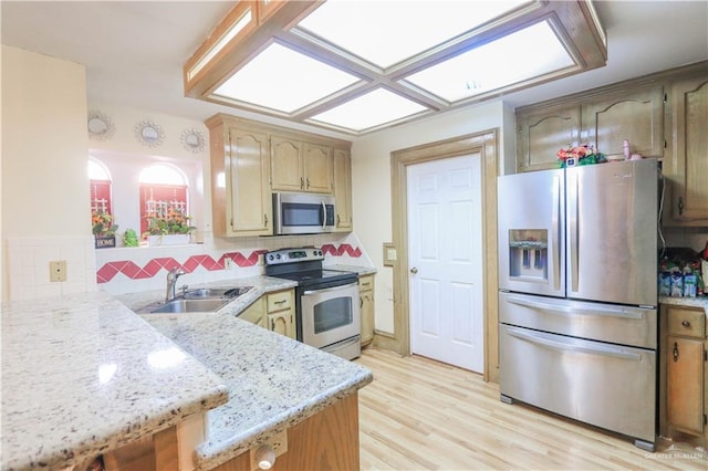 kitchen with kitchen peninsula, appliances with stainless steel finishes, backsplash, sink, and light hardwood / wood-style floors