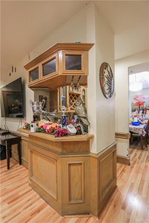 bar with light hardwood / wood-style floors