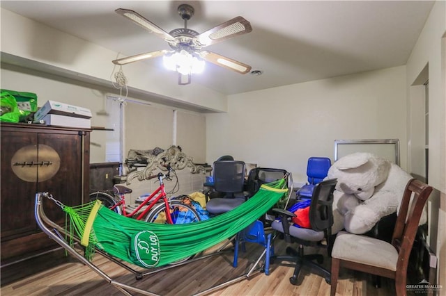 storage area featuring ceiling fan