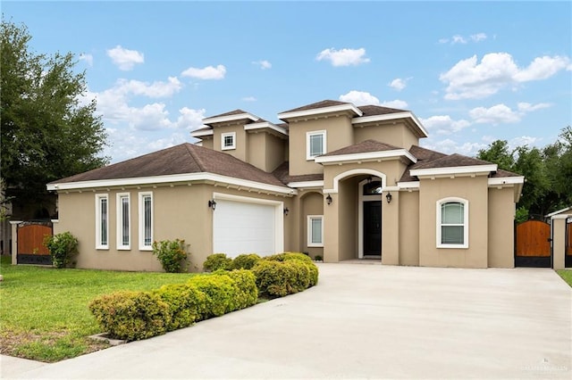 mediterranean / spanish home with driveway, a gate, a front yard, stucco siding, and a garage