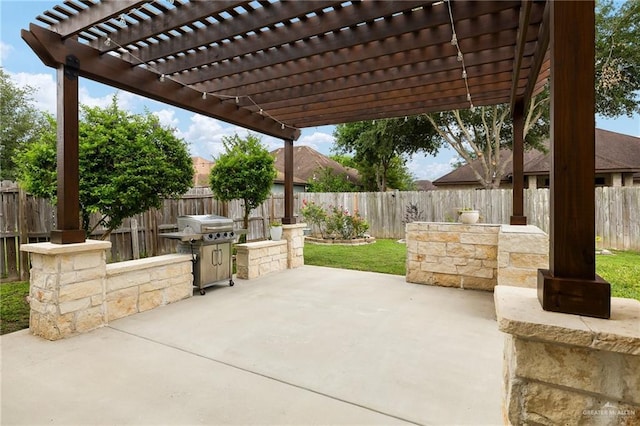 view of patio with a fenced backyard, grilling area, and a pergola