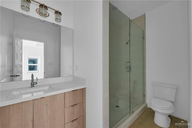 bathroom with a shower stall, toilet, and vanity