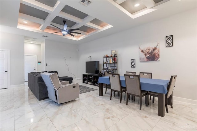 713 Santa Cecilia St, Donna, TX 78537 - dining room with marble finish floor, coffered ceiling, visible vents, beam ceiling, and ceiling fan
