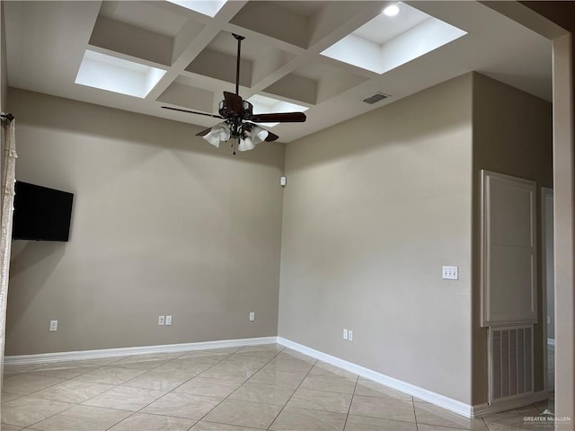 unfurnished room featuring baseboards, visible vents, coffered ceiling, and a ceiling fan