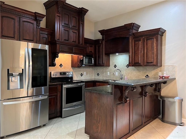 kitchen featuring dark stone counters, a peninsula, a sink, stainless steel appliances, and backsplash