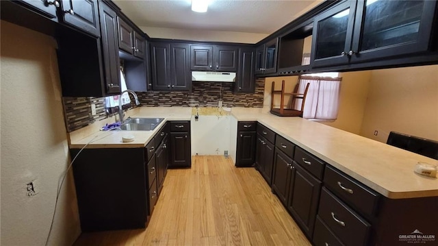 kitchen with backsplash, sink, and light wood-type flooring