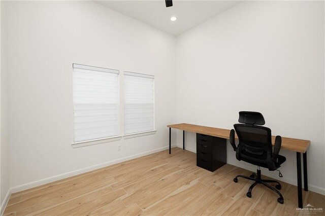office area with wood finished floors, baseboards, and recessed lighting