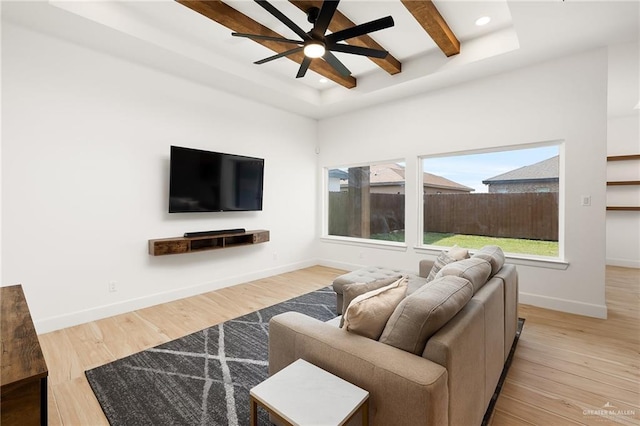 living room with ceiling fan, beamed ceiling, recessed lighting, wood finished floors, and baseboards