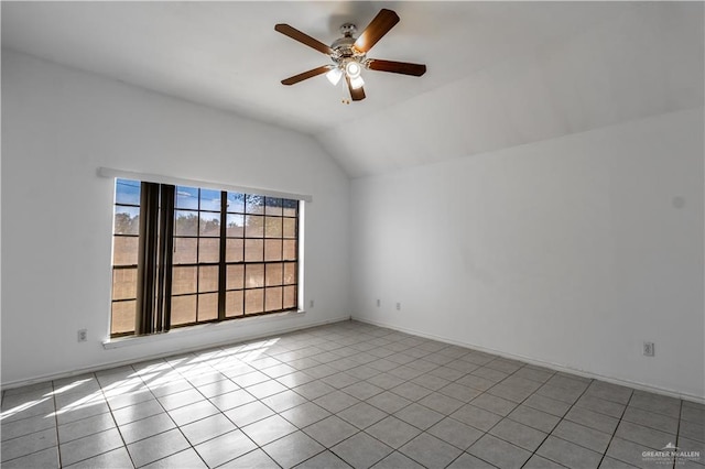 unfurnished room featuring light tile patterned flooring, lofted ceiling, and ceiling fan