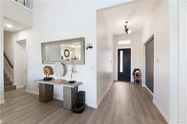 entrance foyer with a high ceiling and light hardwood / wood-style flooring