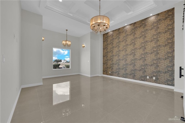 tiled empty room with an inviting chandelier, coffered ceiling, and beamed ceiling