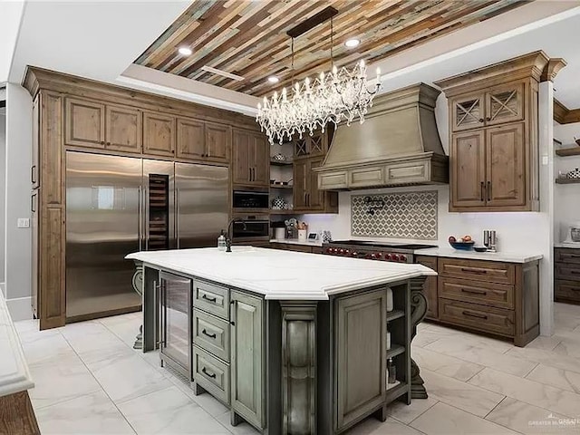 kitchen featuring custom range hood, appliances with stainless steel finishes, and open shelves