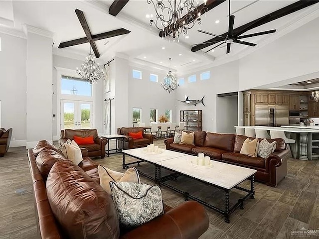 living room with dark wood-style floors, french doors, beam ceiling, crown molding, and a high ceiling