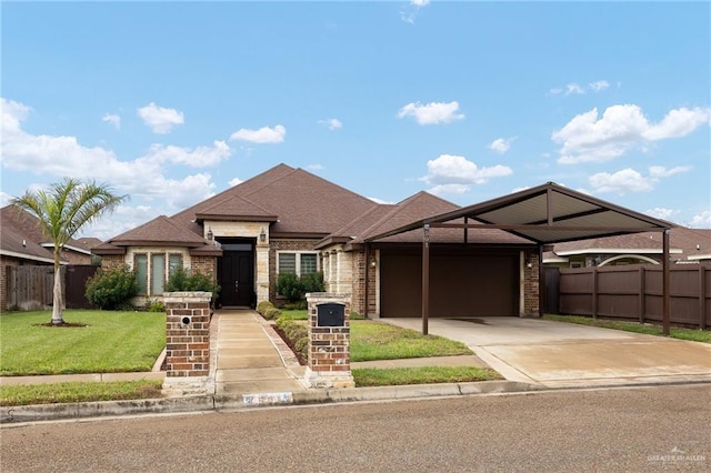 view of front of property featuring a garage and a front lawn