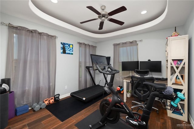 5313 N Crown Pt, Pharr, TX 78577 - exercise room featuring baseboards, ceiling fan, a tray ceiling, recessed lighting, and wood finished floors