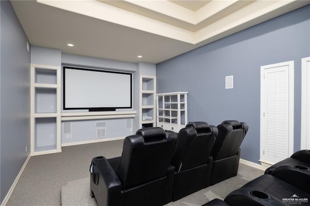 cinema room with recessed lighting, carpet, visible vents, and baseboards