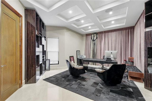 interior space with a fireplace, coffered ceiling, beamed ceiling, and recessed lighting