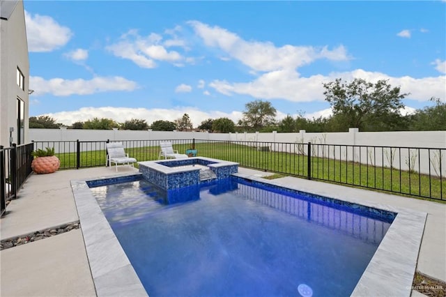 view of swimming pool featuring a lawn and an in ground hot tub