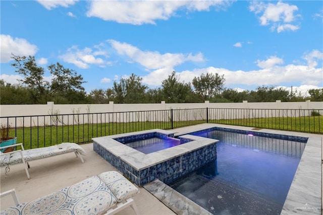 view of swimming pool with a yard and an in ground hot tub