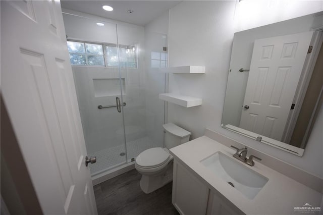 bathroom featuring vanity, toilet, wood-type flooring, and a shower with door