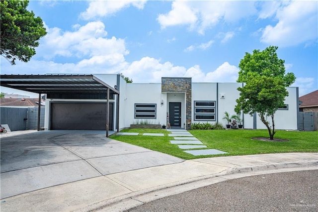 modern home featuring a carport, stucco siding, concrete driveway, stone siding, and an attached garage