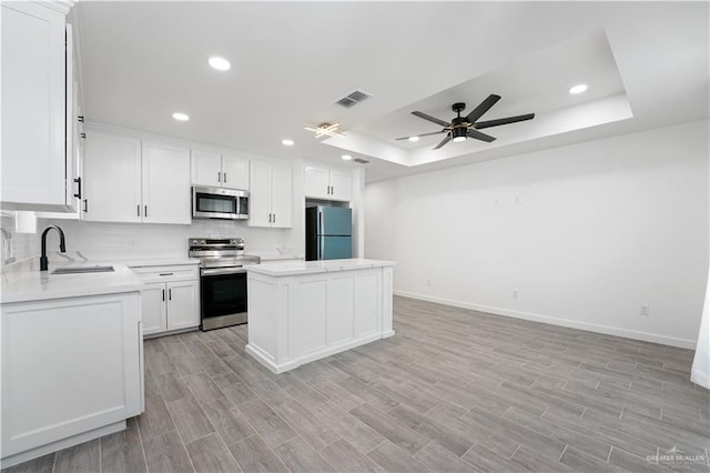 kitchen with white cabinets, a kitchen island, a raised ceiling, and appliances with stainless steel finishes