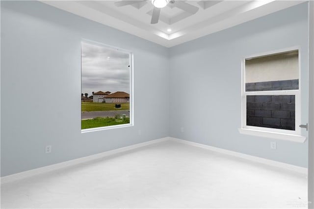 unfurnished room with a tray ceiling, ceiling fan, and recessed lighting