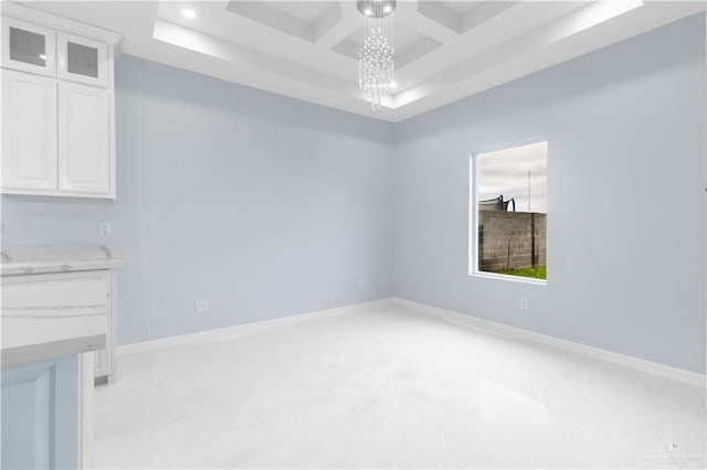interior space with baseboards, beam ceiling, recessed lighting, and coffered ceiling