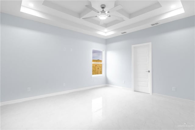unfurnished room featuring beam ceiling, recessed lighting, a ceiling fan, coffered ceiling, and baseboards