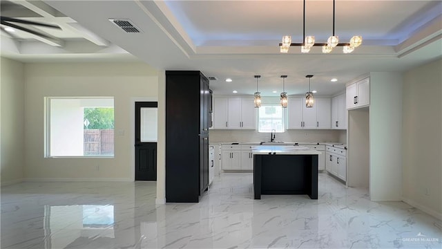 kitchen with a raised ceiling, light countertops, a sink, and marble finish floor