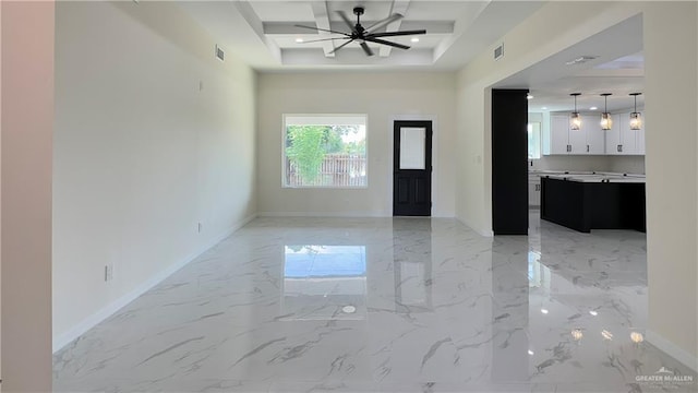 entryway with baseboards, coffered ceiling, a ceiling fan, marble finish floor, and recessed lighting