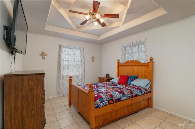 10766 N Minnesota Rd, Mission, TX 78574 - bedroom featuring a raised ceiling, light tile patterned flooring, baseboards, and ceiling fan