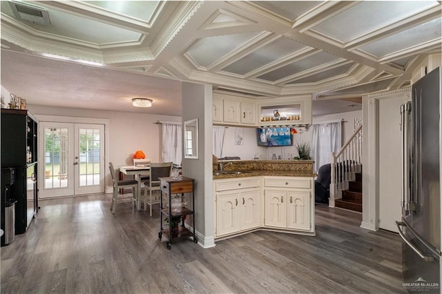 10766 N Minnesota Rd, Mission, TX 78574 - kitchen with high end fridge, coffered ceiling, french doors, a sink, and dark wood-type flooring