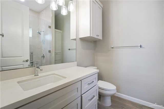 2509 Viola St, Mission, TX 78574 - bathroom featuring a shower stall, baseboards, toilet, wood finished floors, and vanity