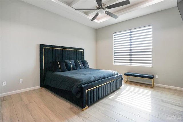 2509 Viola St, Mission, TX 78574 - bedroom featuring light wood finished floors, beamed ceiling, baseboards, and a ceiling fan